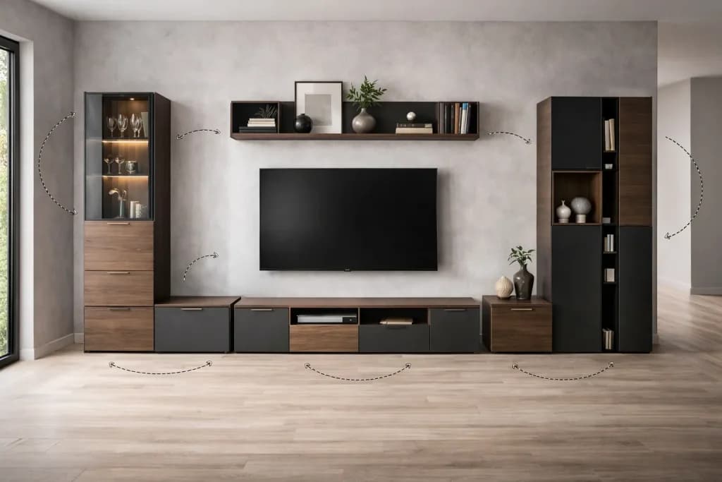 Modularni dnevni boravak s odvojenim elementima u tamnim tonovima