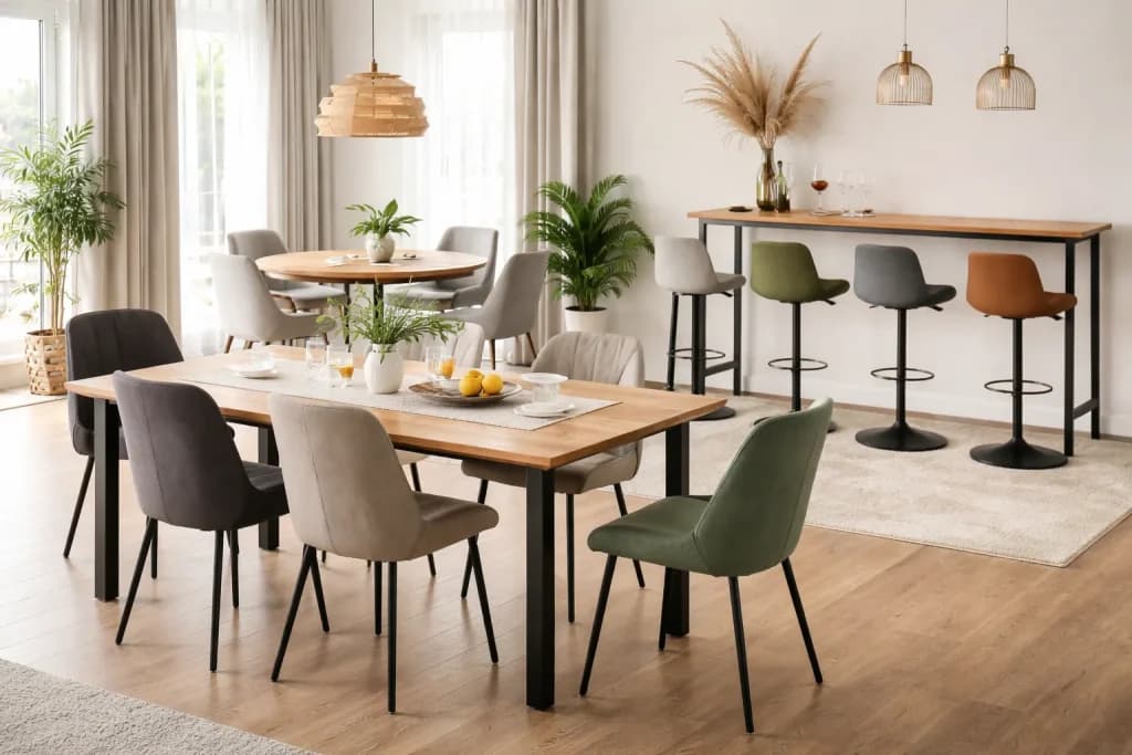 Moderni blagovaonski stolovi, raskošne stolice i barski stolci u elegantnom interijeru