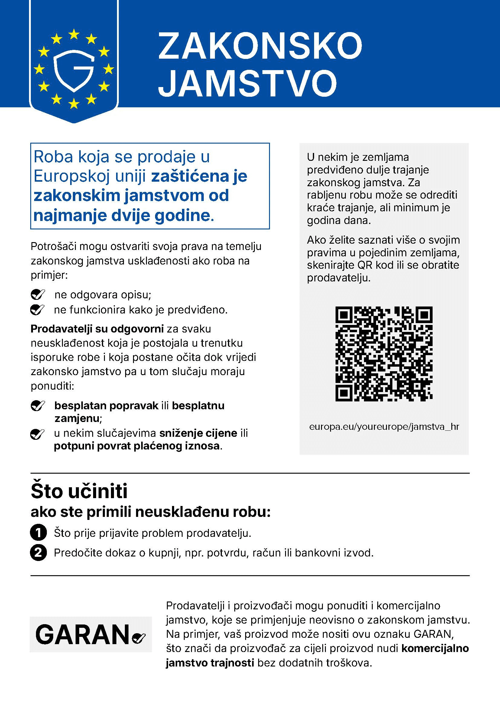 Zakonsko jamstvo – informativni letak Europske unije o pravima potrošača